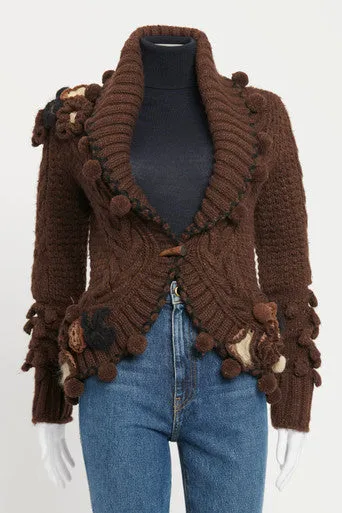 2005 Brown Wool Knit Appliqué Flower Preowned Cardigan