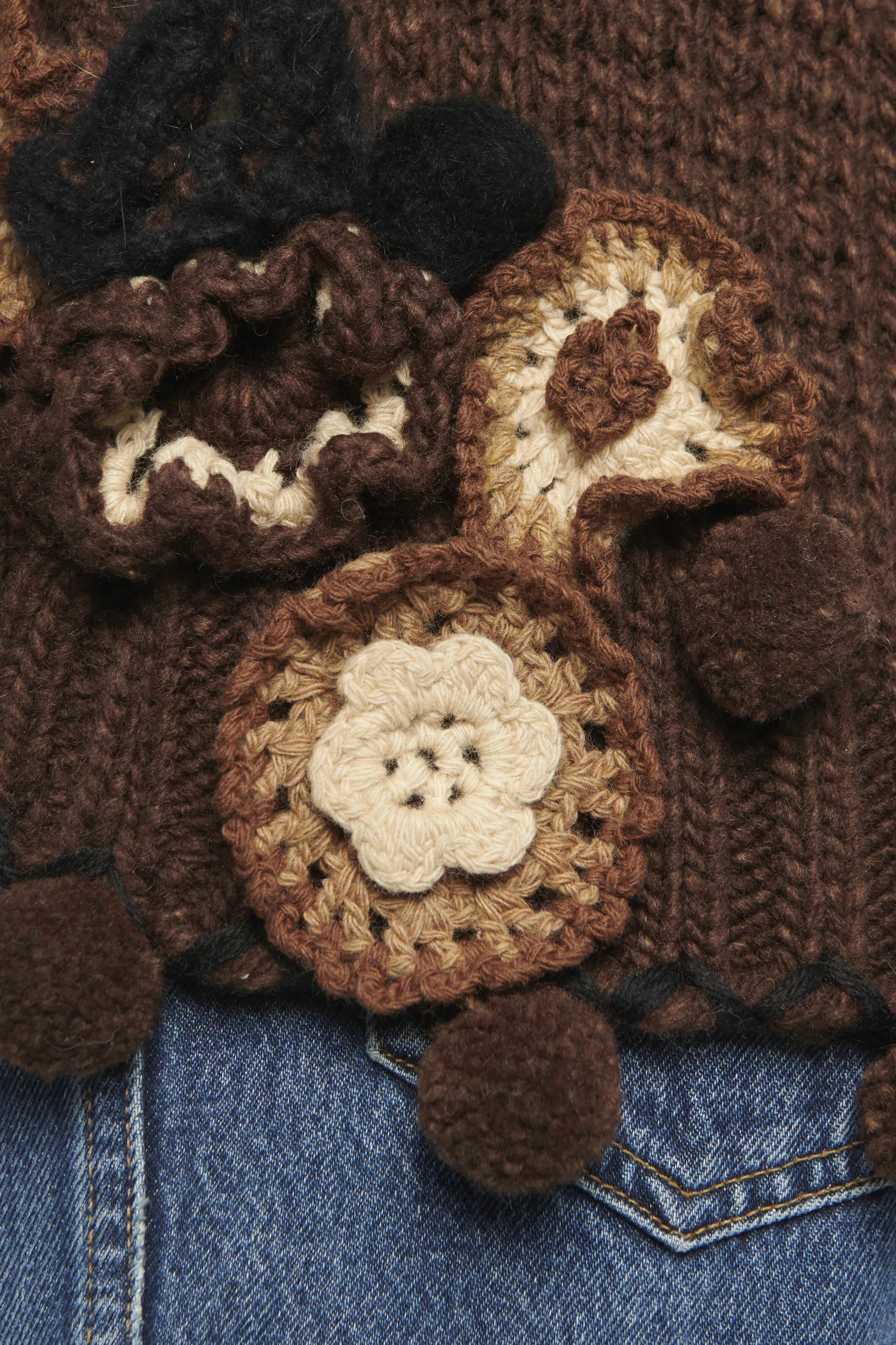 2005 Brown Wool Knit Appliqué Flower Preowned Cardigan