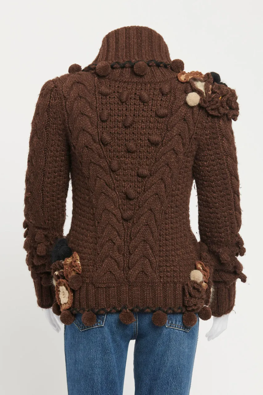 2005 Brown Wool Knit Appliqué Flower Preowned Cardigan