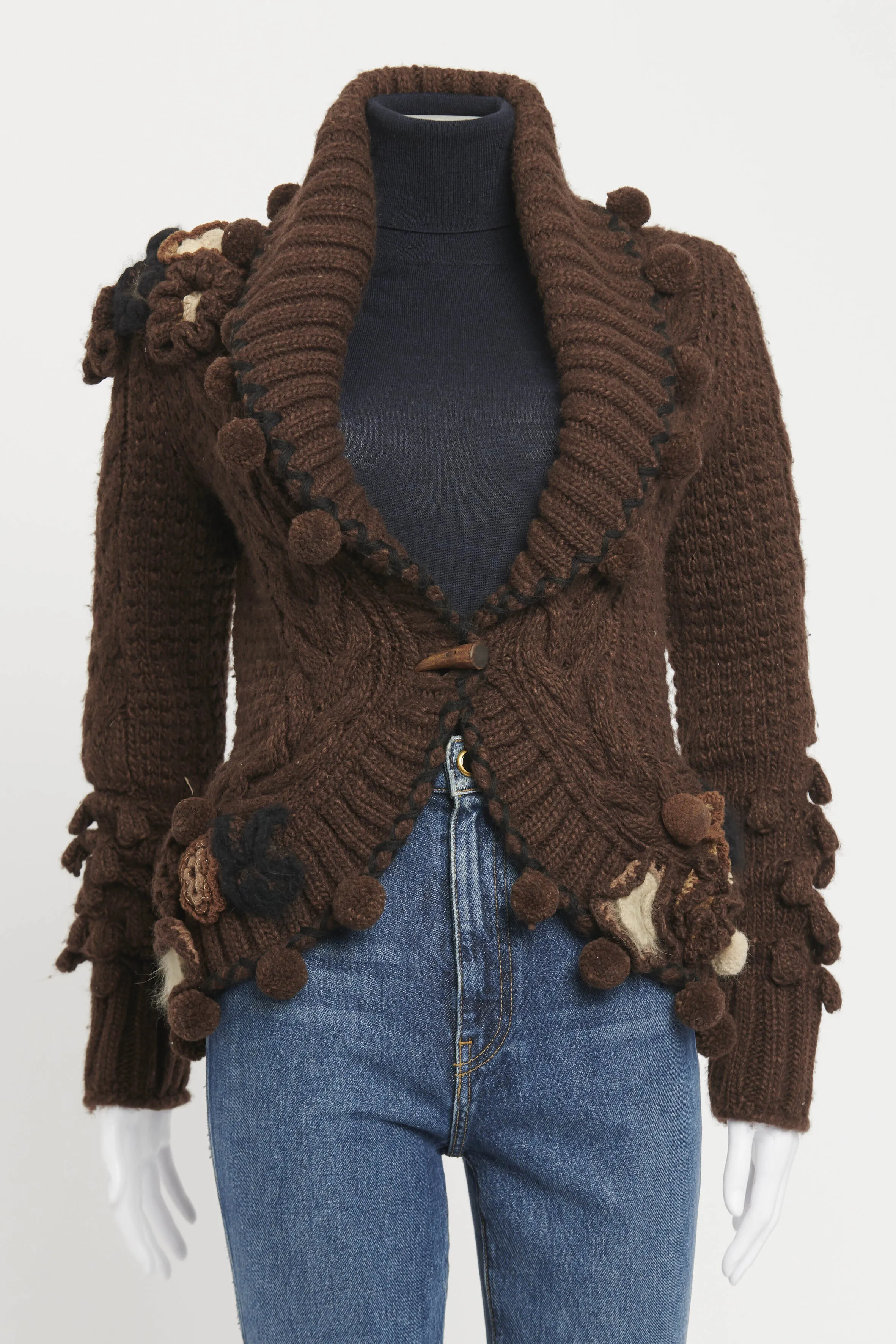 2005 Brown Wool Knit Appliqué Flower Preowned Cardigan