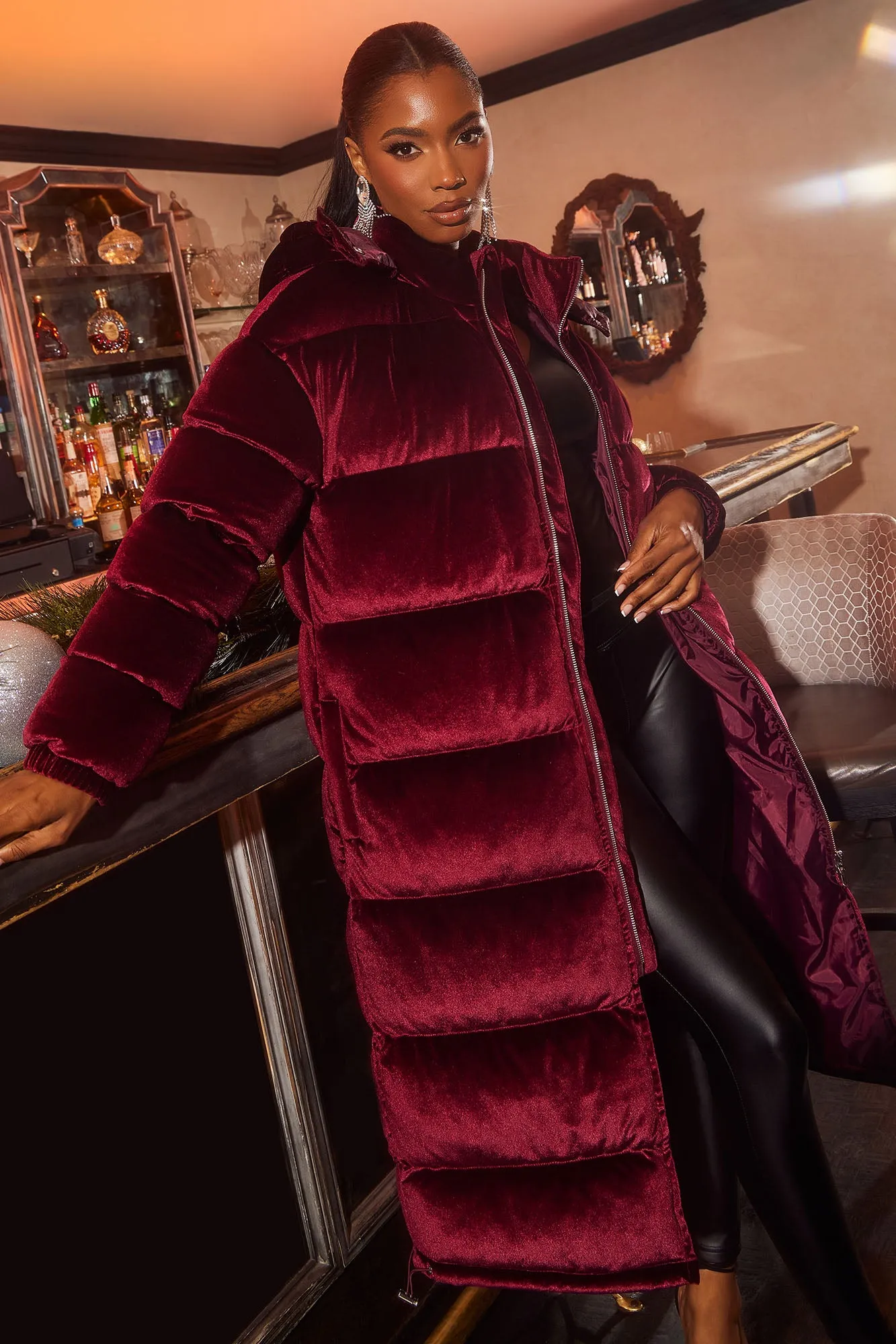 Above Rank Velvet Puffer Coat - Burgundy