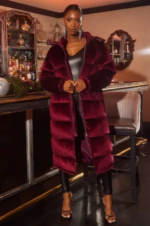 Above Rank Velvet Puffer Coat - Burgundy