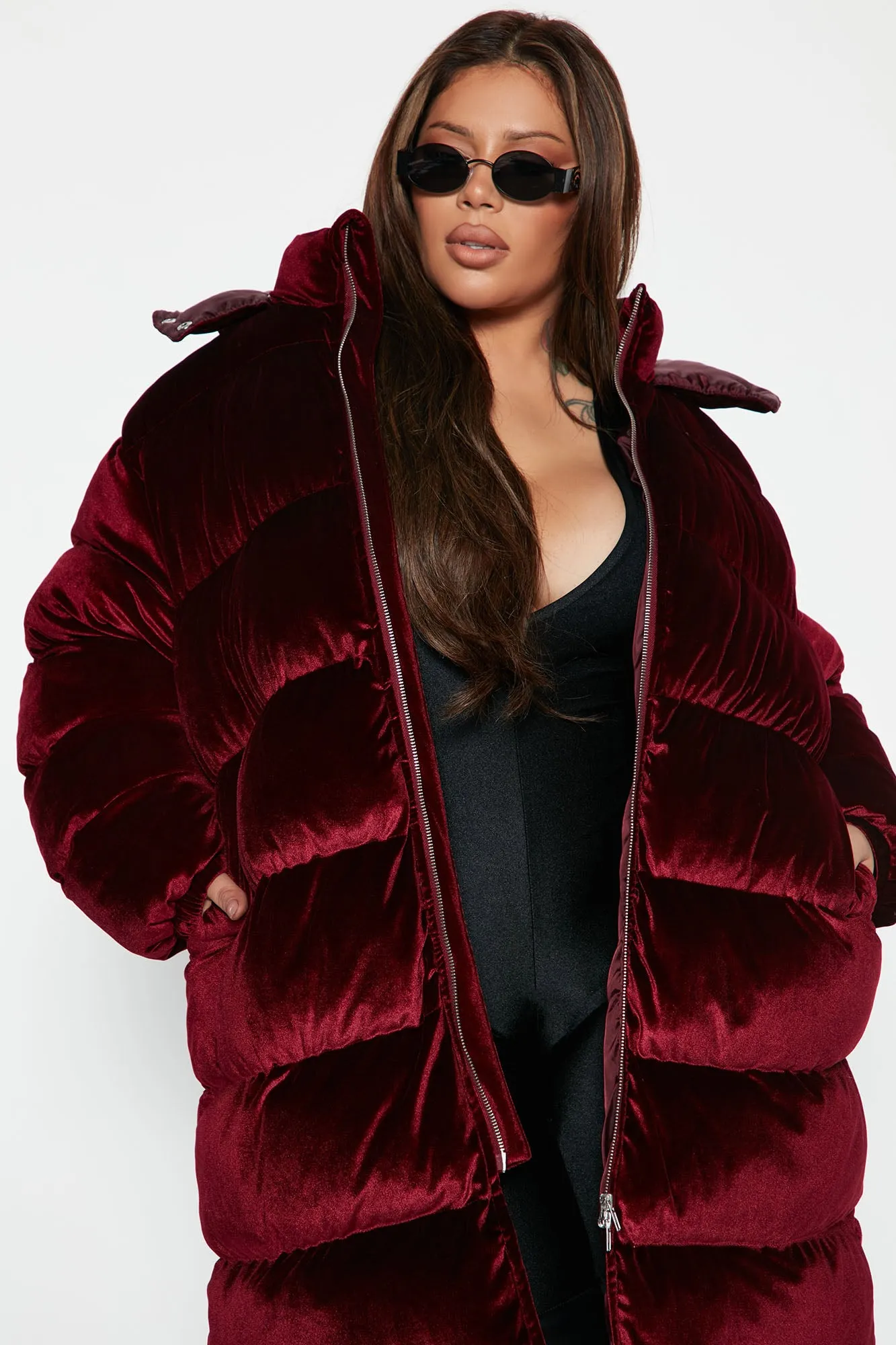 Above Rank Velvet Puffer Coat - Burgundy