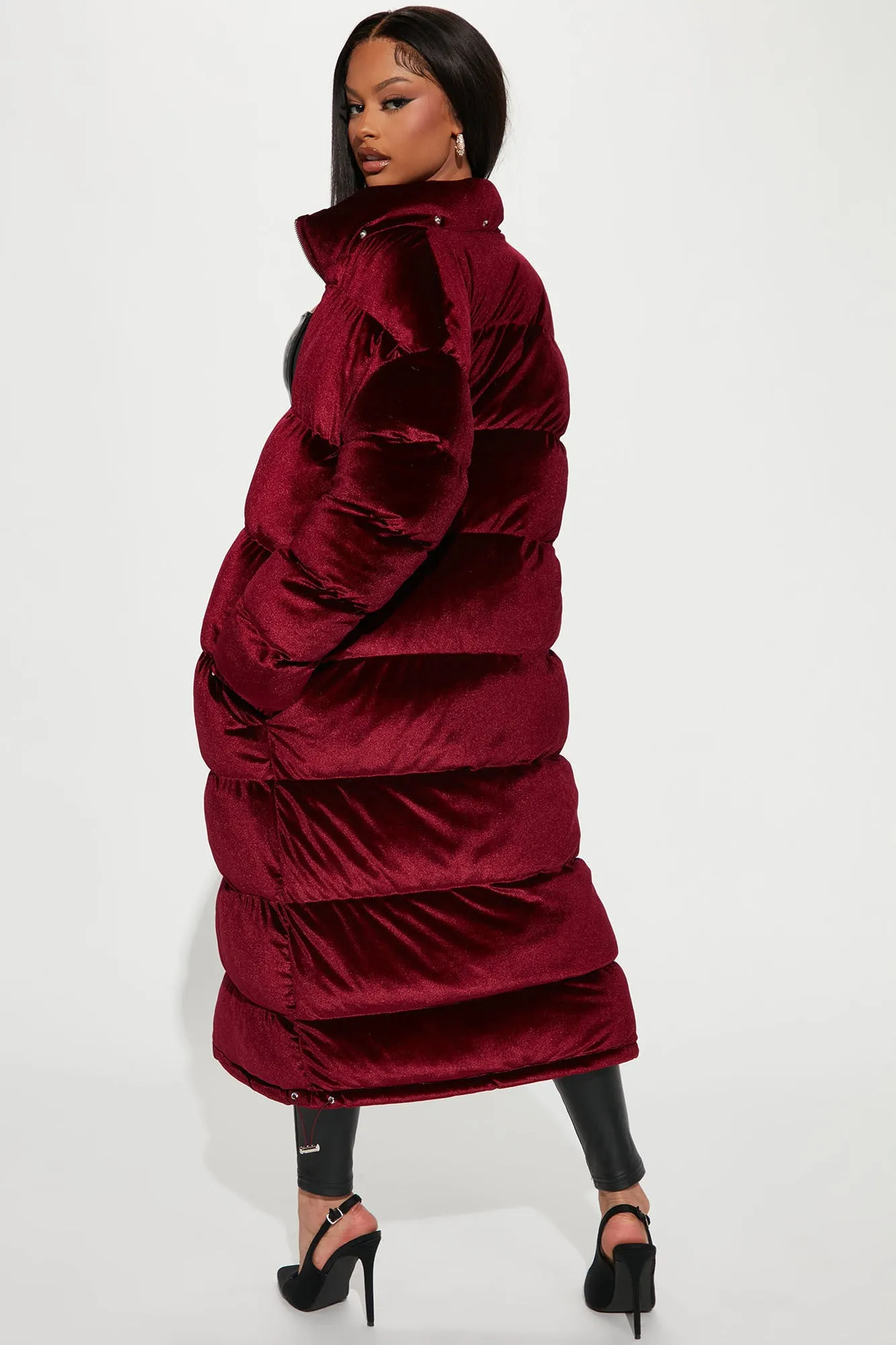 Above Rank Velvet Puffer Coat - Burgundy