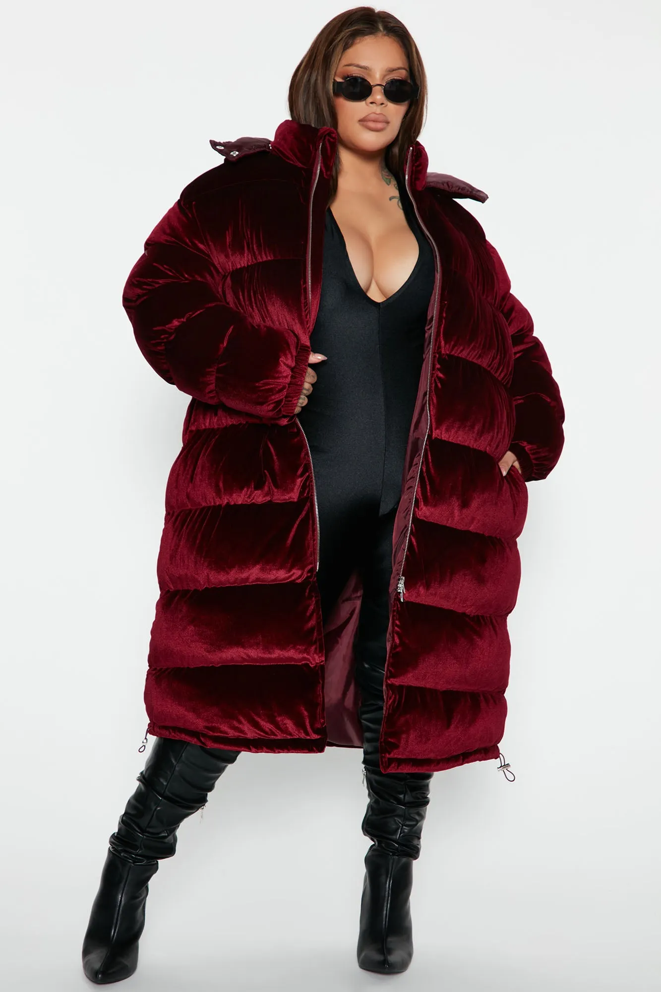 Above Rank Velvet Puffer Coat - Burgundy