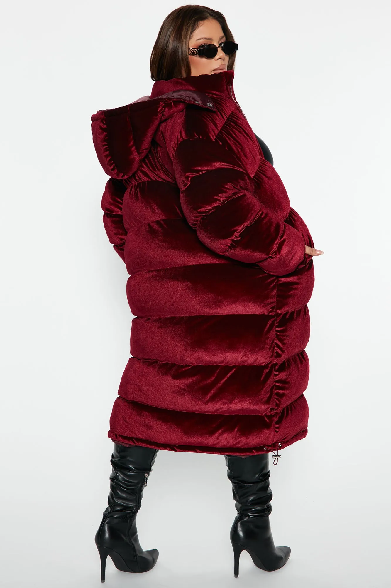 Above Rank Velvet Puffer Coat - Burgundy