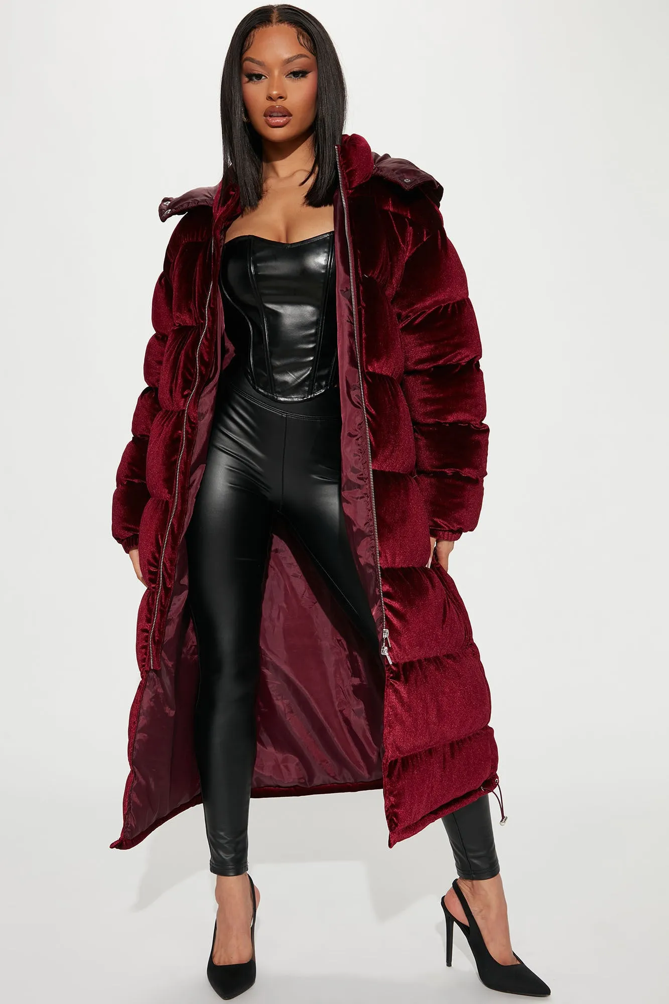 Above Rank Velvet Puffer Coat - Burgundy