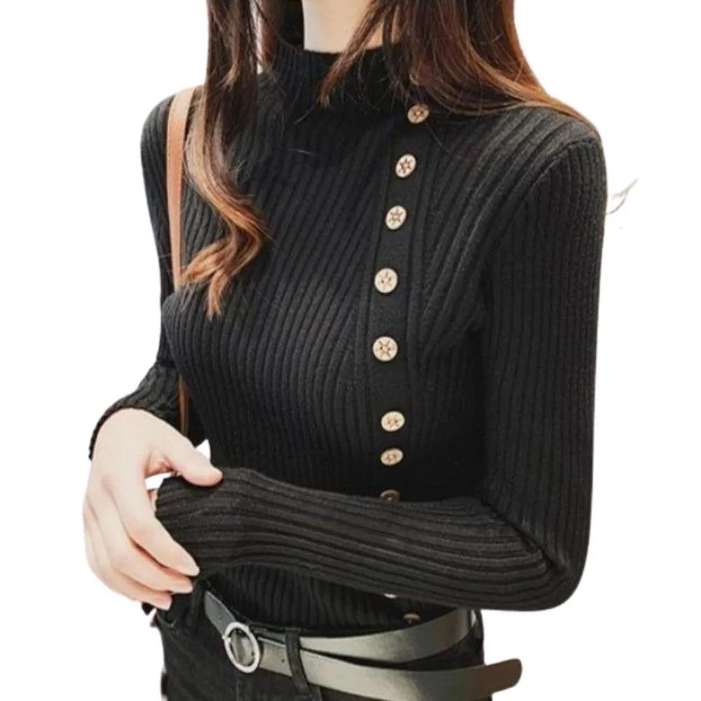 Asymmetric Ribbed Turtleneck Women's Sweater Large Faux Buttons Korean Women's Top Warm Slim Knitwear Long Sleeve Pullovers Jumper