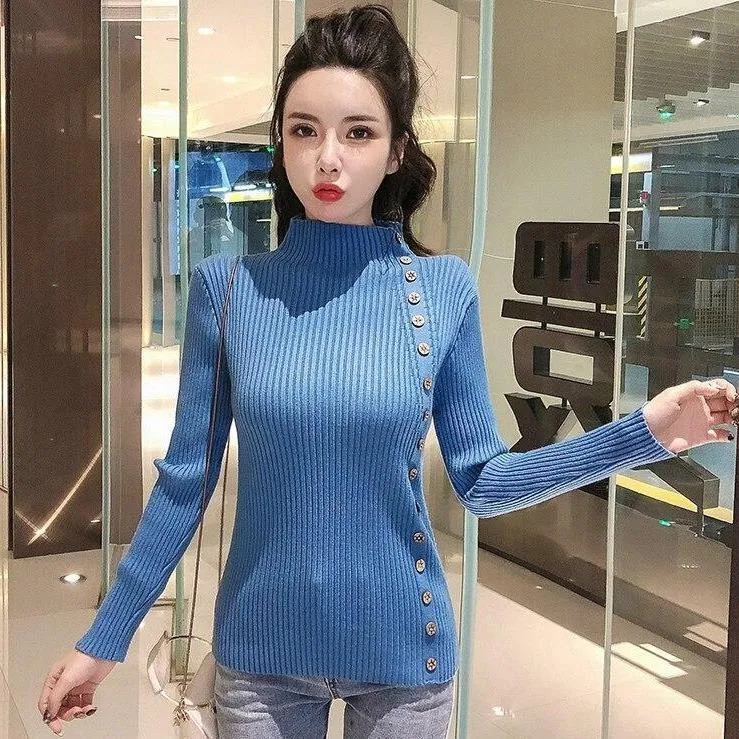 Asymmetric Ribbed Turtleneck Women's Sweater Large Faux Buttons Korean Women's Top Warm Slim Knitwear Long Sleeve Pullovers Jumper