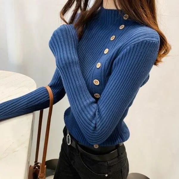 Asymmetric Ribbed Turtleneck Women's Sweater Large Faux Buttons Korean Women's Top Warm Slim Knitwear Long Sleeve Pullovers Jumper