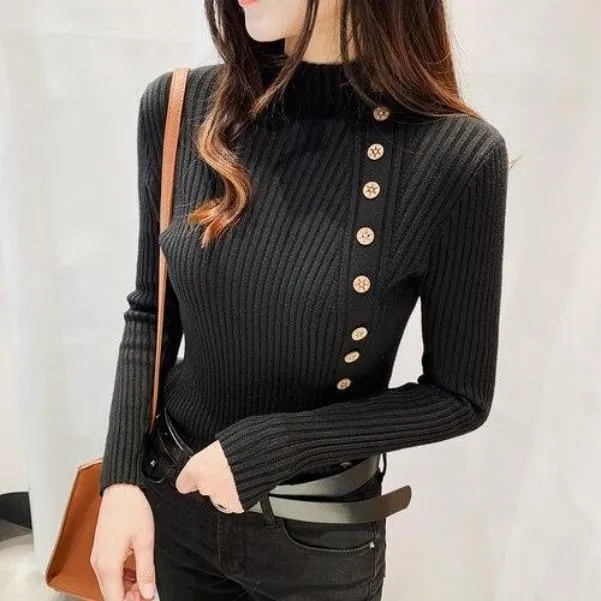 Asymmetric Ribbed Turtleneck Women's Sweater Large Faux Buttons Korean Women's Top Warm Slim Knitwear Long Sleeve Pullovers Jumper