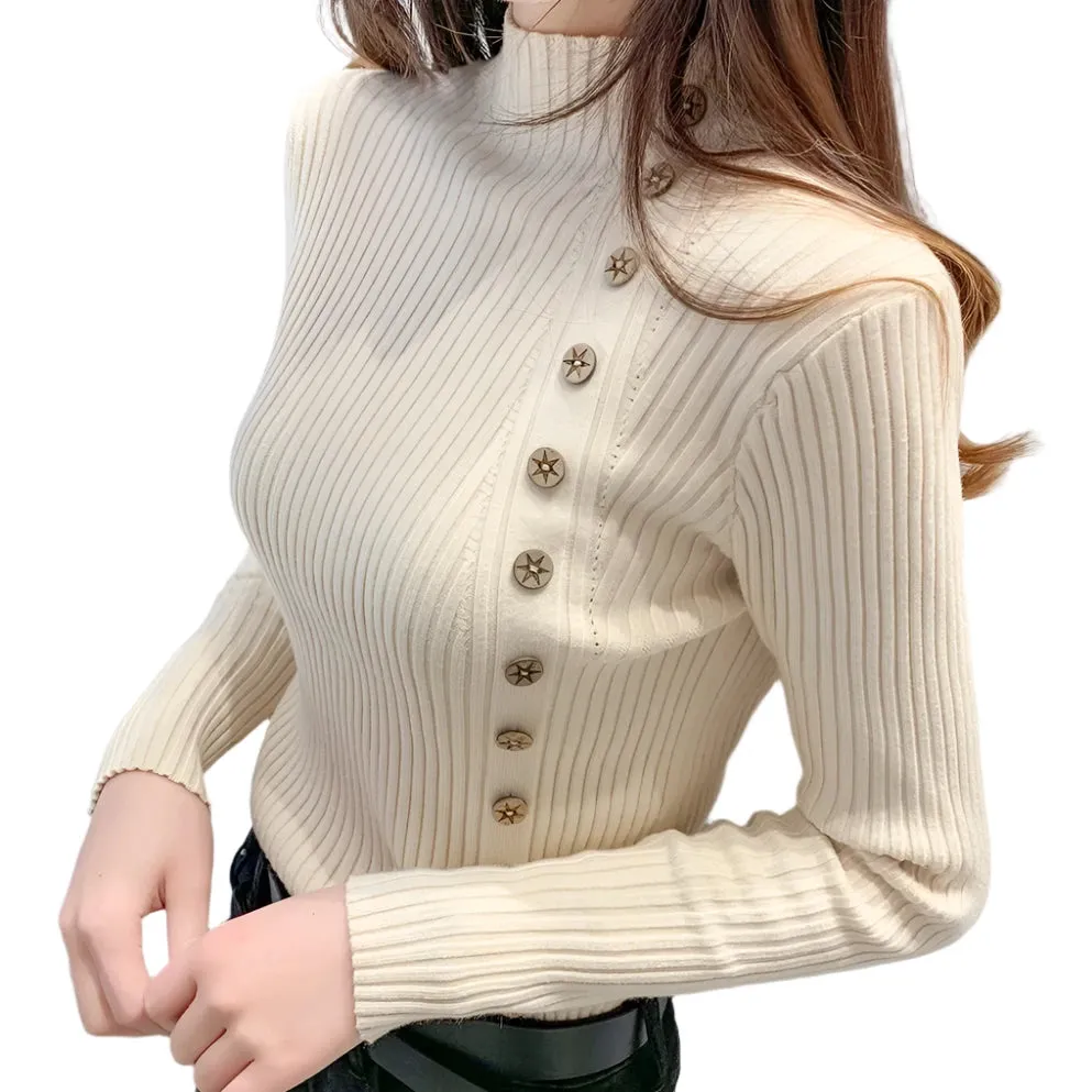 Asymmetric Ribbed Turtleneck Women's Sweater Large Faux Buttons Korean Women's Top Warm Slim Knitwear Long Sleeve Pullovers Jumper