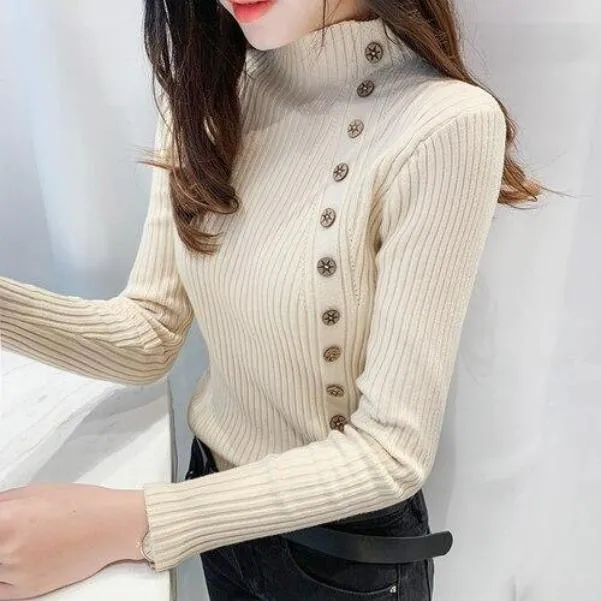 Asymmetric Ribbed Turtleneck Women's Sweater Large Faux Buttons Korean Women's Top Warm Slim Knitwear Long Sleeve Pullovers Jumper