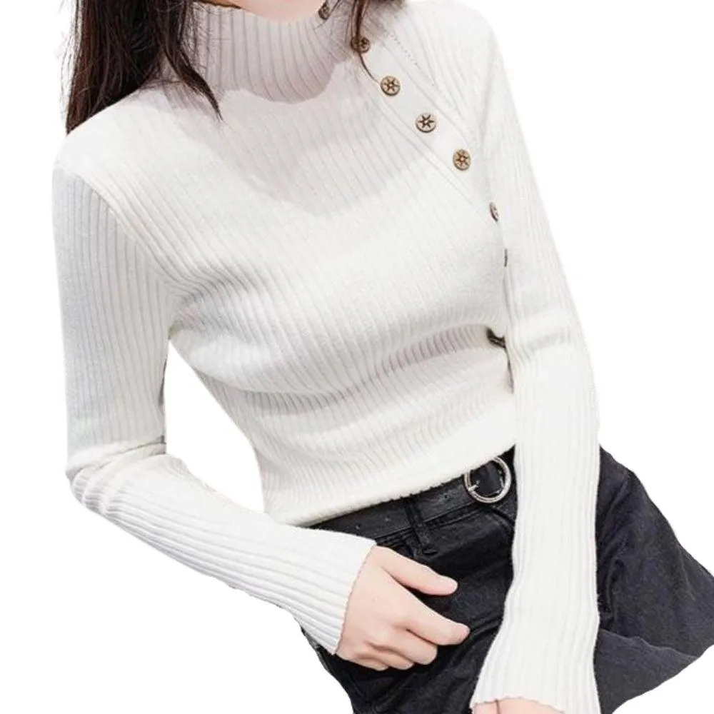 Asymmetric Ribbed Turtleneck Women's Sweater Large Faux Buttons Korean Women's Top Warm Slim Knitwear Long Sleeve Pullovers Jumper