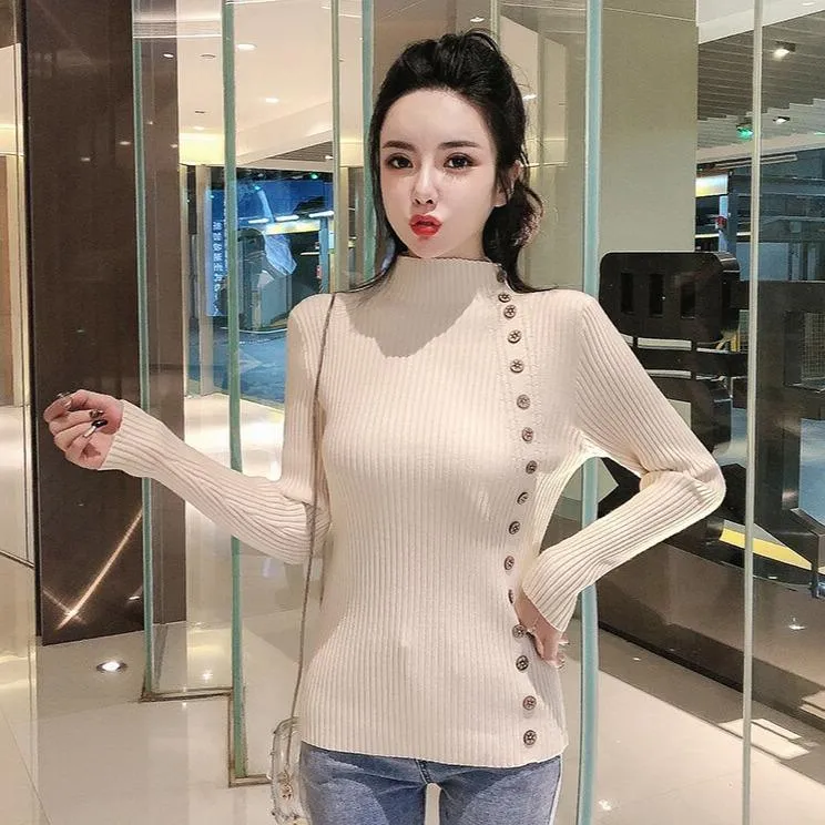 Asymmetric Ribbed Turtleneck Women's Sweater Large Faux Buttons Korean Women's Top Warm Slim Knitwear Long Sleeve Pullovers Jumper