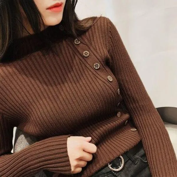 Asymmetric Ribbed Turtleneck Women's Sweater Large Faux Buttons Korean Women's Top Warm Slim Knitwear Long Sleeve Pullovers Jumper