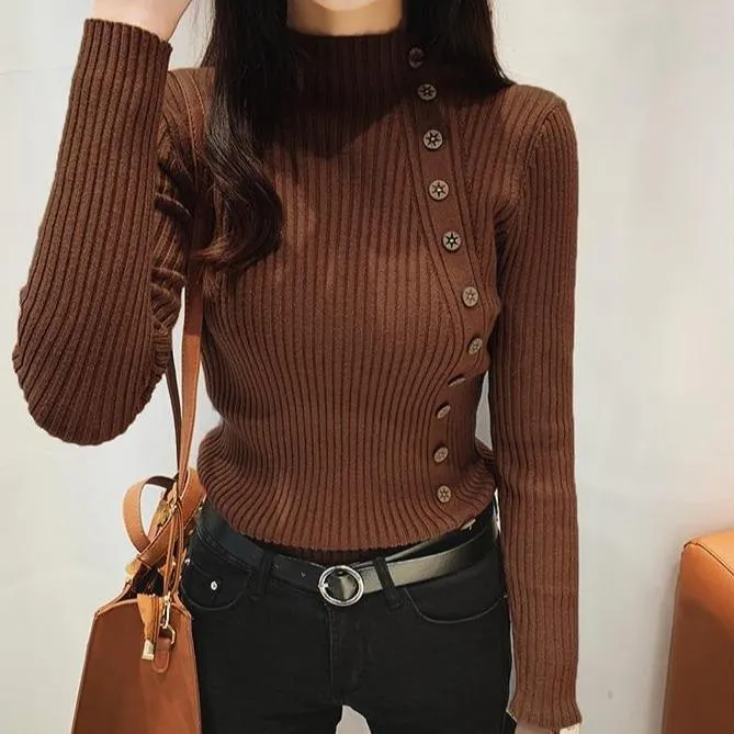 Asymmetric Ribbed Turtleneck Women's Sweater Large Faux Buttons Korean Women's Top Warm Slim Knitwear Long Sleeve Pullovers Jumper