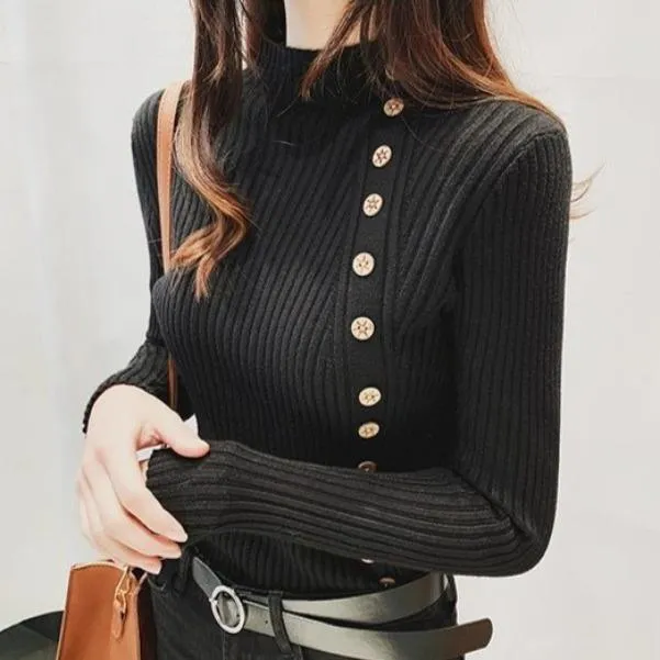 Asymmetric Ribbed Turtleneck Women's Sweater Large Faux Buttons Korean Women's Top Warm Slim Knitwear Long Sleeve Pullovers Jumper