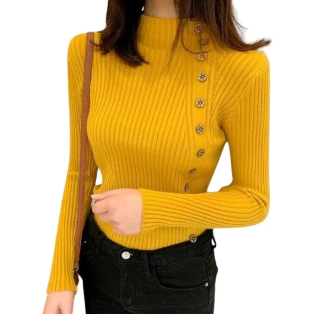 Asymmetric Ribbed Turtleneck Women's Sweater Large Faux Buttons Korean Women's Top Warm Slim Knitwear Long Sleeve Pullovers Jumper