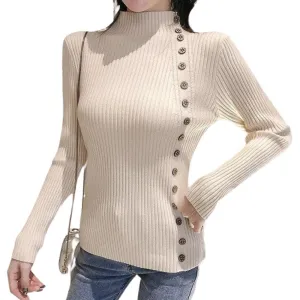 Asymmetric Ribbed Turtleneck Women's Sweater Large Faux Buttons Korean Women's Top Warm Slim Knitwear Long Sleeve Pullovers Jumper