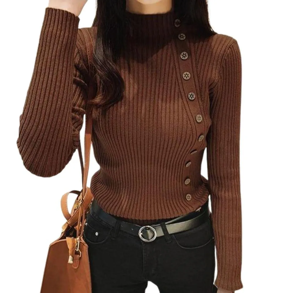 Asymmetric Ribbed Turtleneck Women's Sweater Large Faux Buttons Korean Women's Top Warm Slim Knitwear Long Sleeve Pullovers Jumper