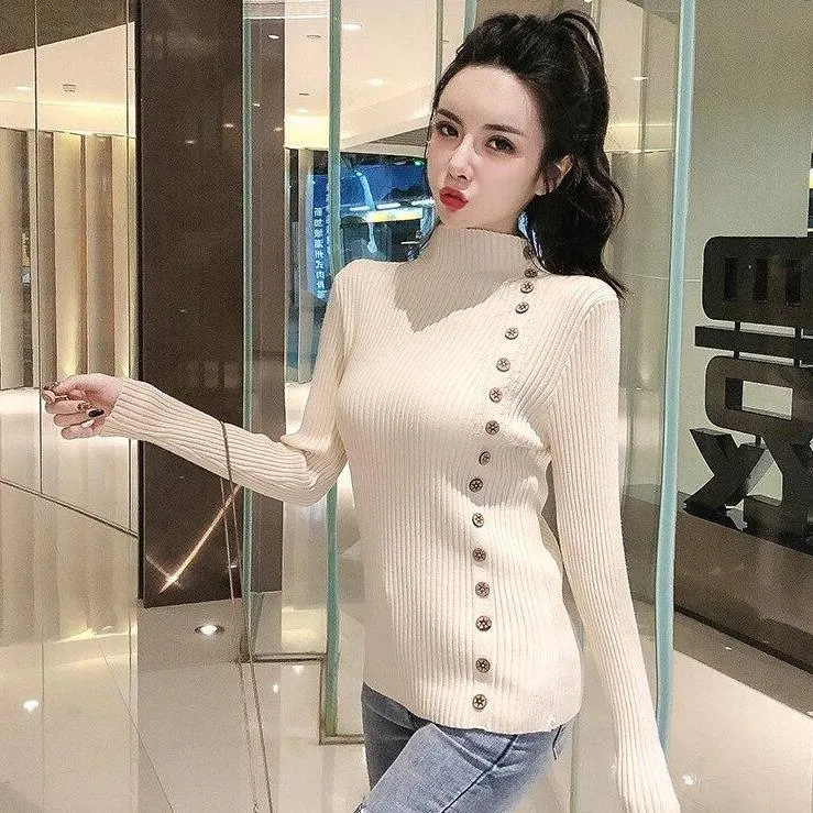 Asymmetric Ribbed Turtleneck Women's Sweater Large Faux Buttons Korean Women's Top Warm Slim Knitwear Long Sleeve Pullovers Jumper