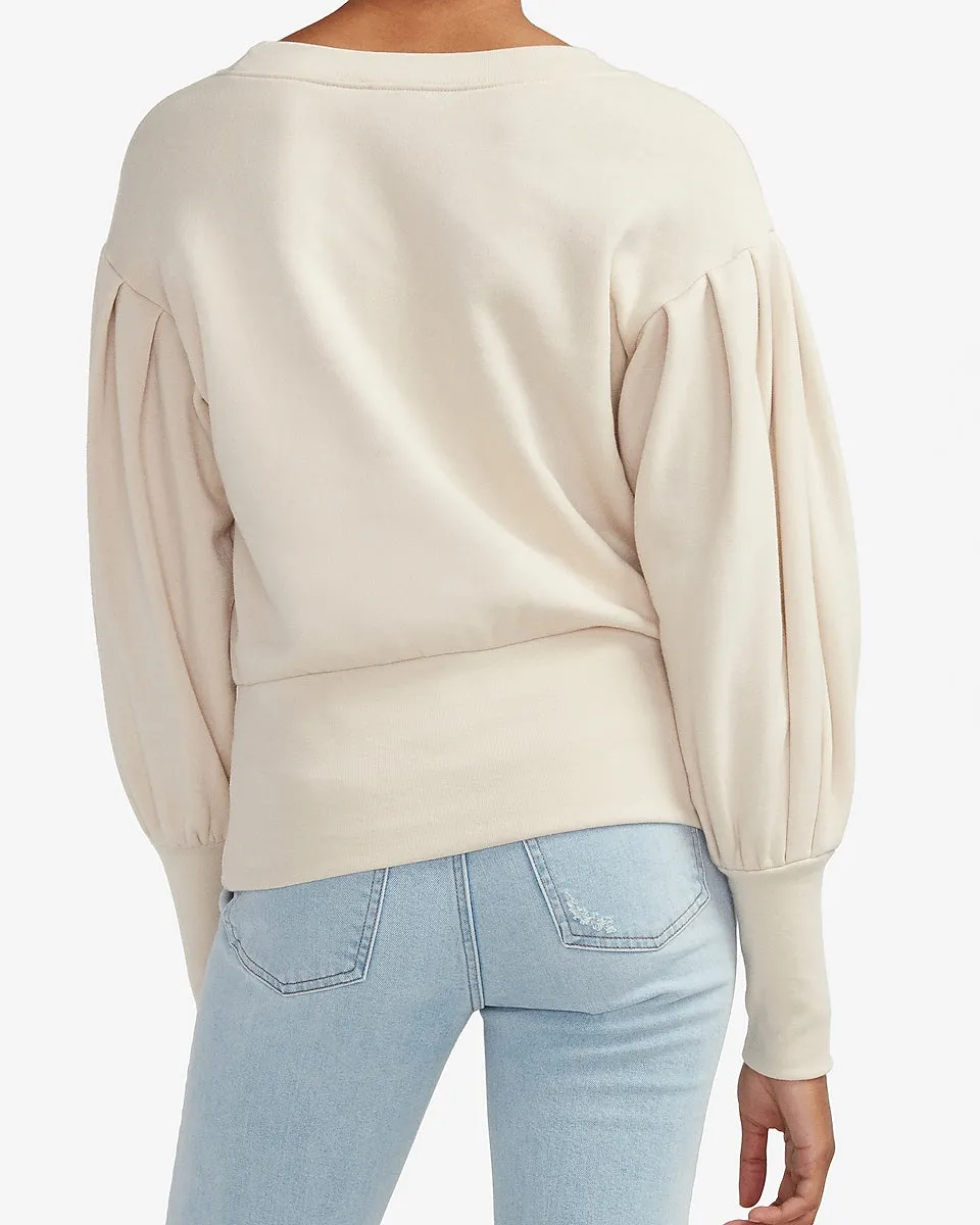 Balloon Sleeve Banded Bottom Fleece Sweatshirt in Oatmeal