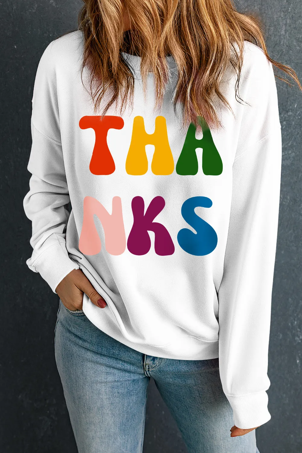 Beige THANKS Printed Crewneck Drop Shoulder Sweatshirt