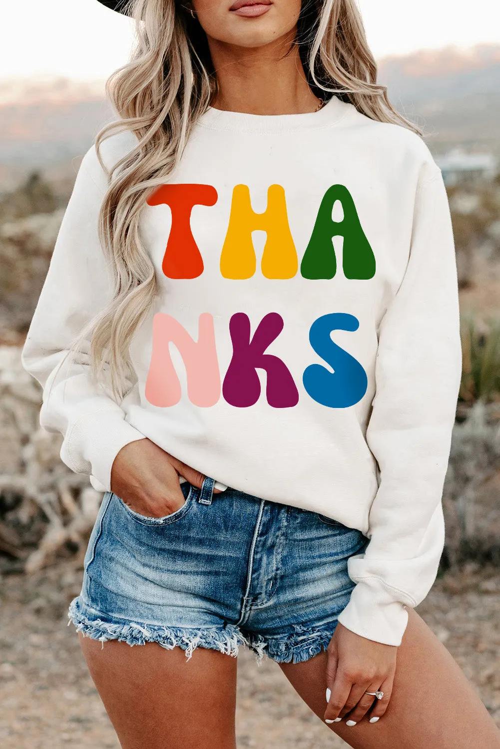 Beige THANKS Printed Crewneck Drop Shoulder Sweatshirt