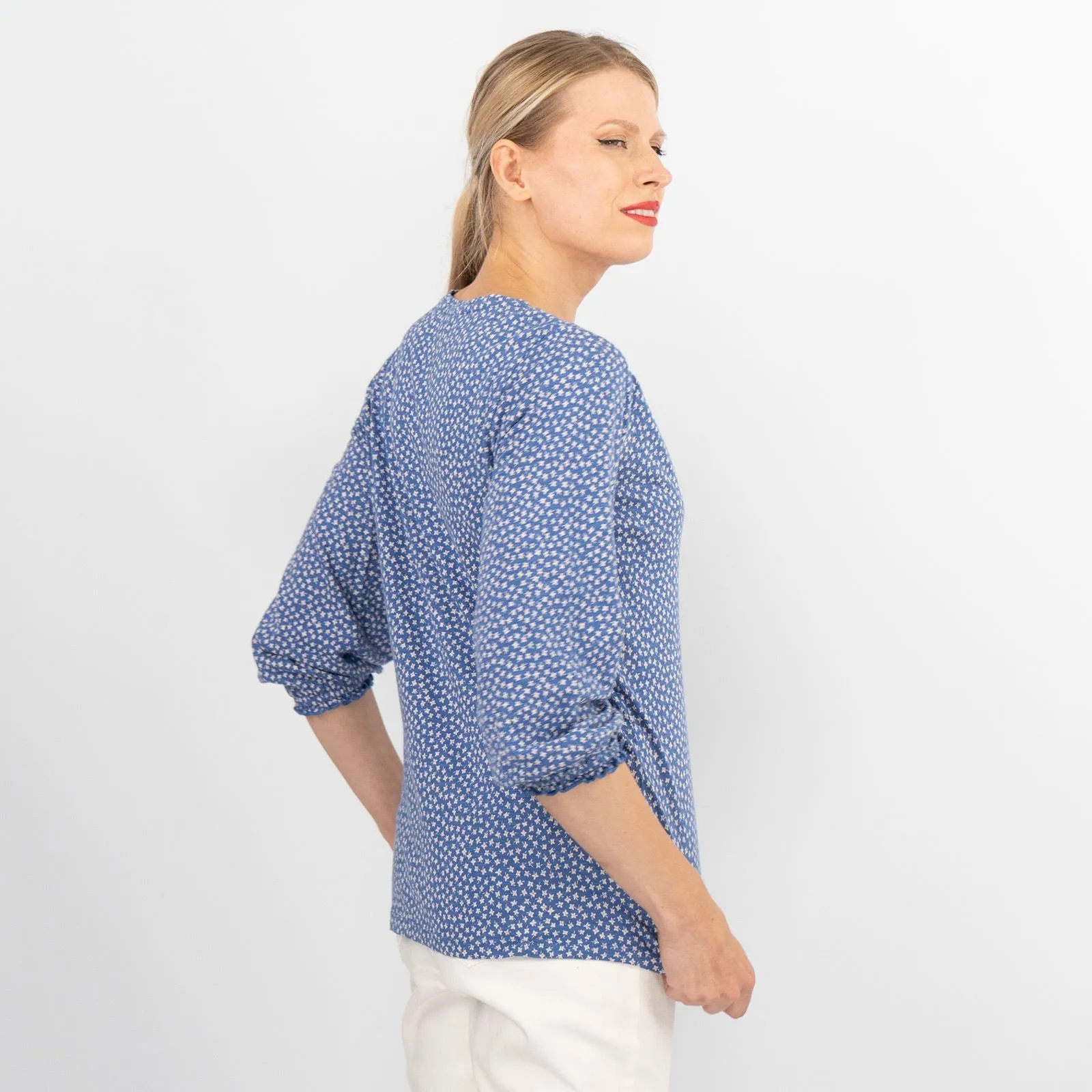 Blue Ditsy Floral 3/4 Sleeve Soft Relaxed Jersey Tops