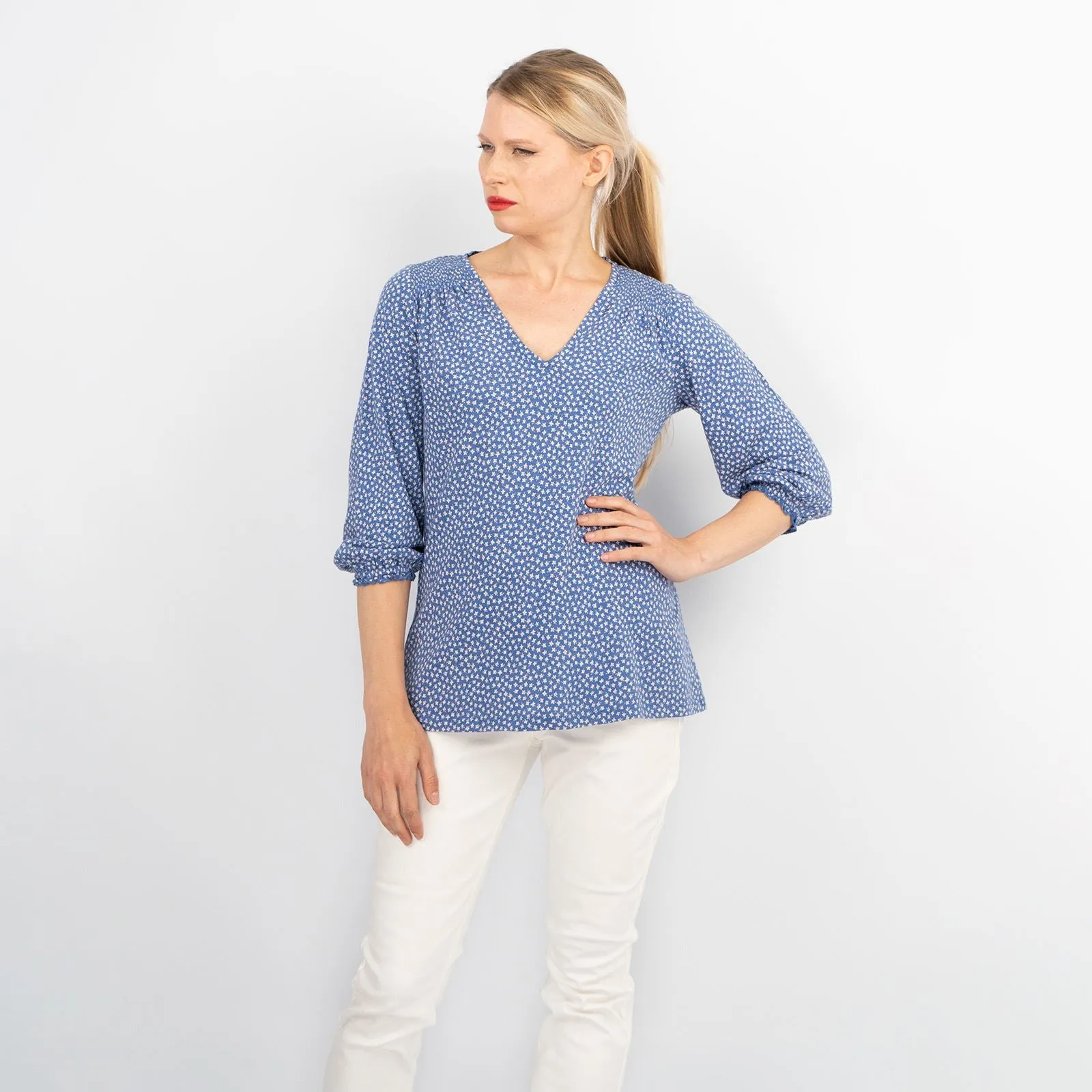 Blue Ditsy Floral 3/4 Sleeve Soft Relaxed Jersey Tops