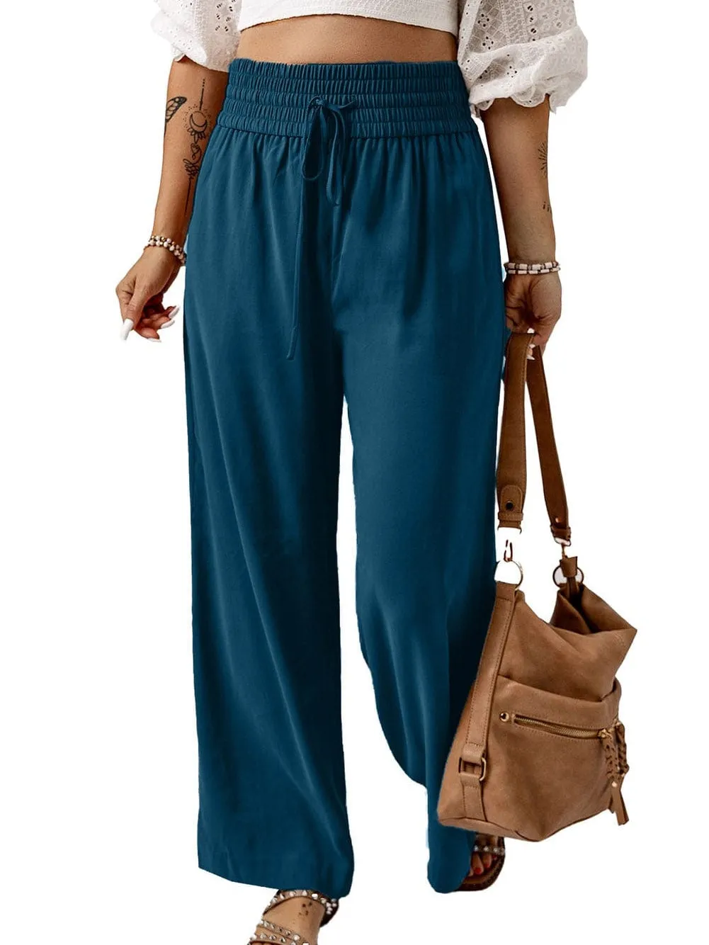 Blue Smocked High Waist Wide Leg Pants