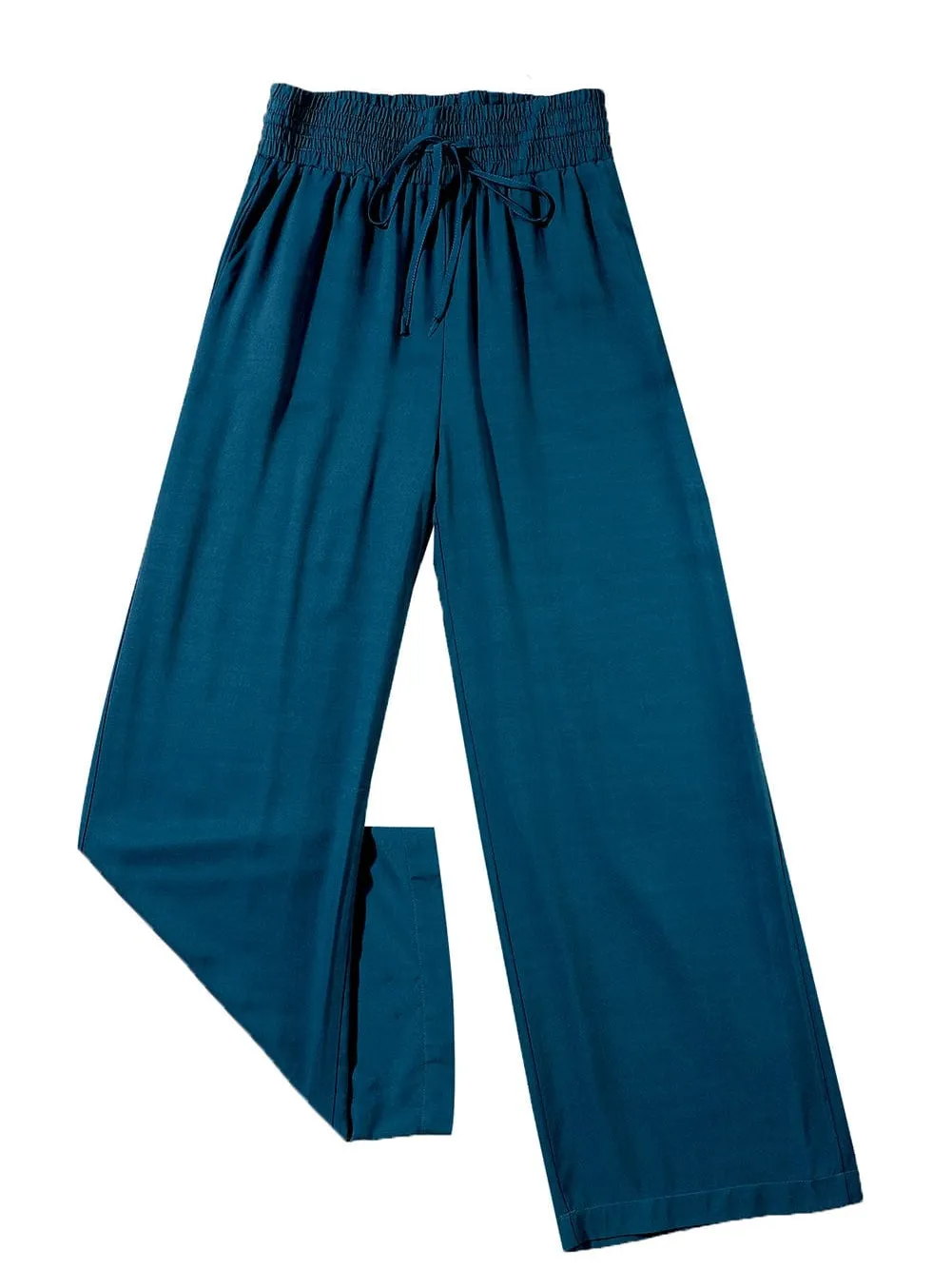 Blue Smocked High Waist Wide Leg Pants