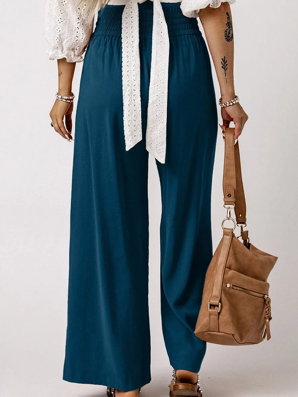 Blue Smocked High Waist Wide Leg Pants