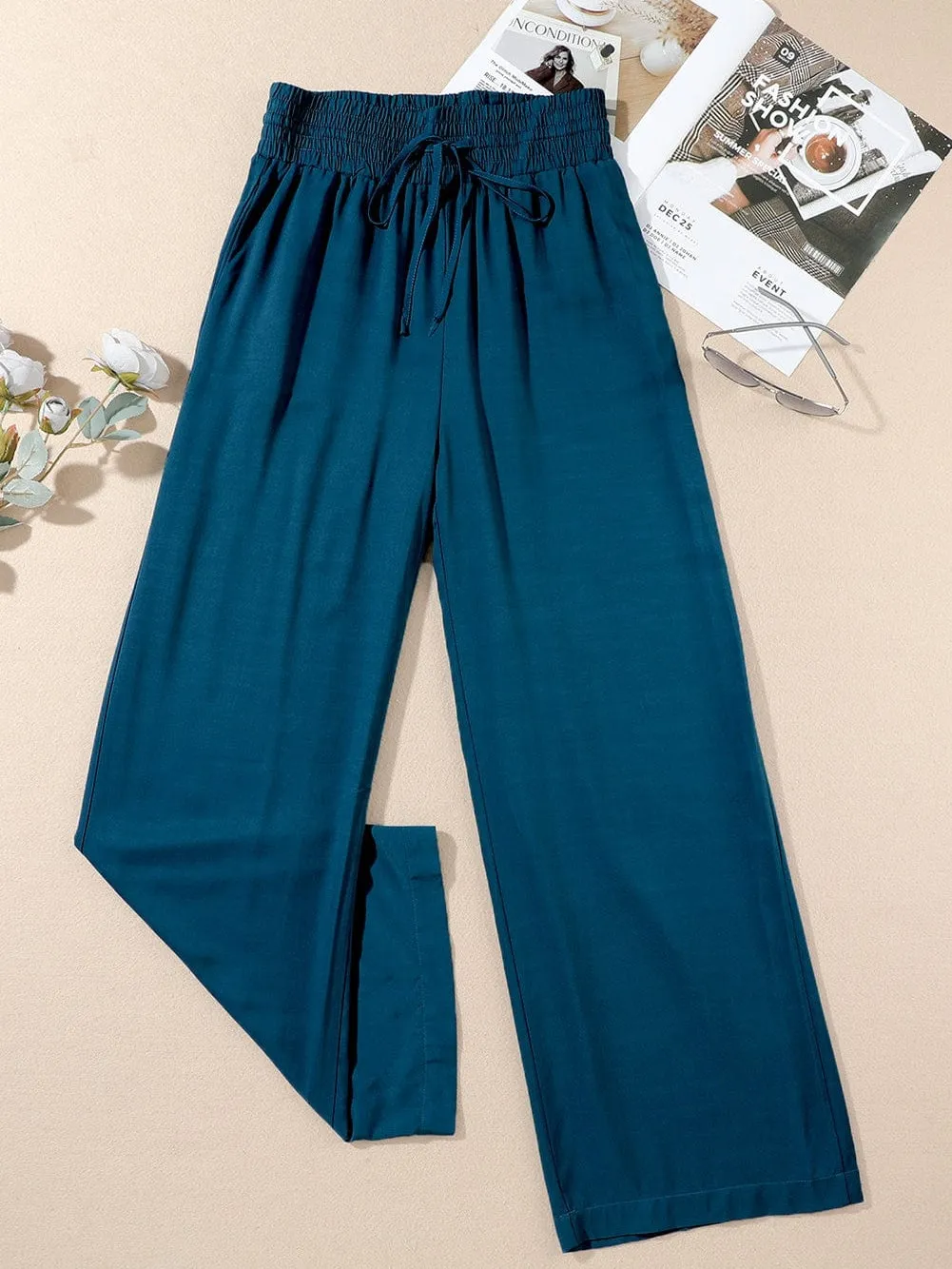 Blue Smocked High Waist Wide Leg Pants