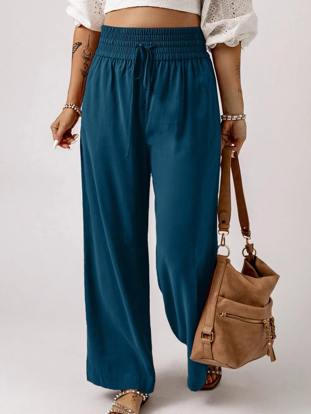 Blue Smocked High Waist Wide Leg Pants