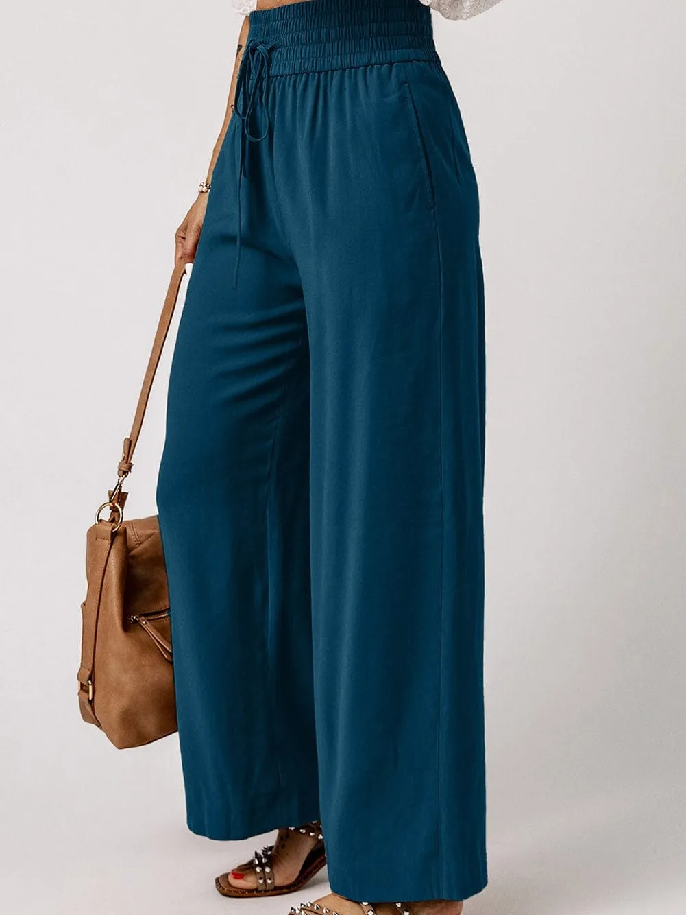 Blue Smocked High Waist Wide Leg Pants