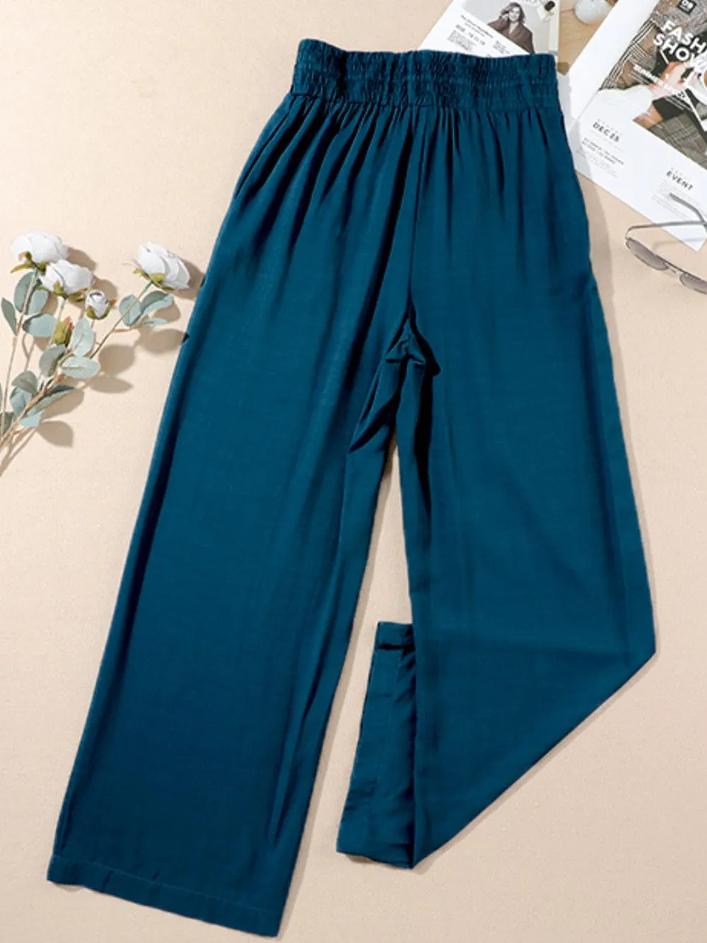 Blue Smocked High Waist Wide Leg Pants