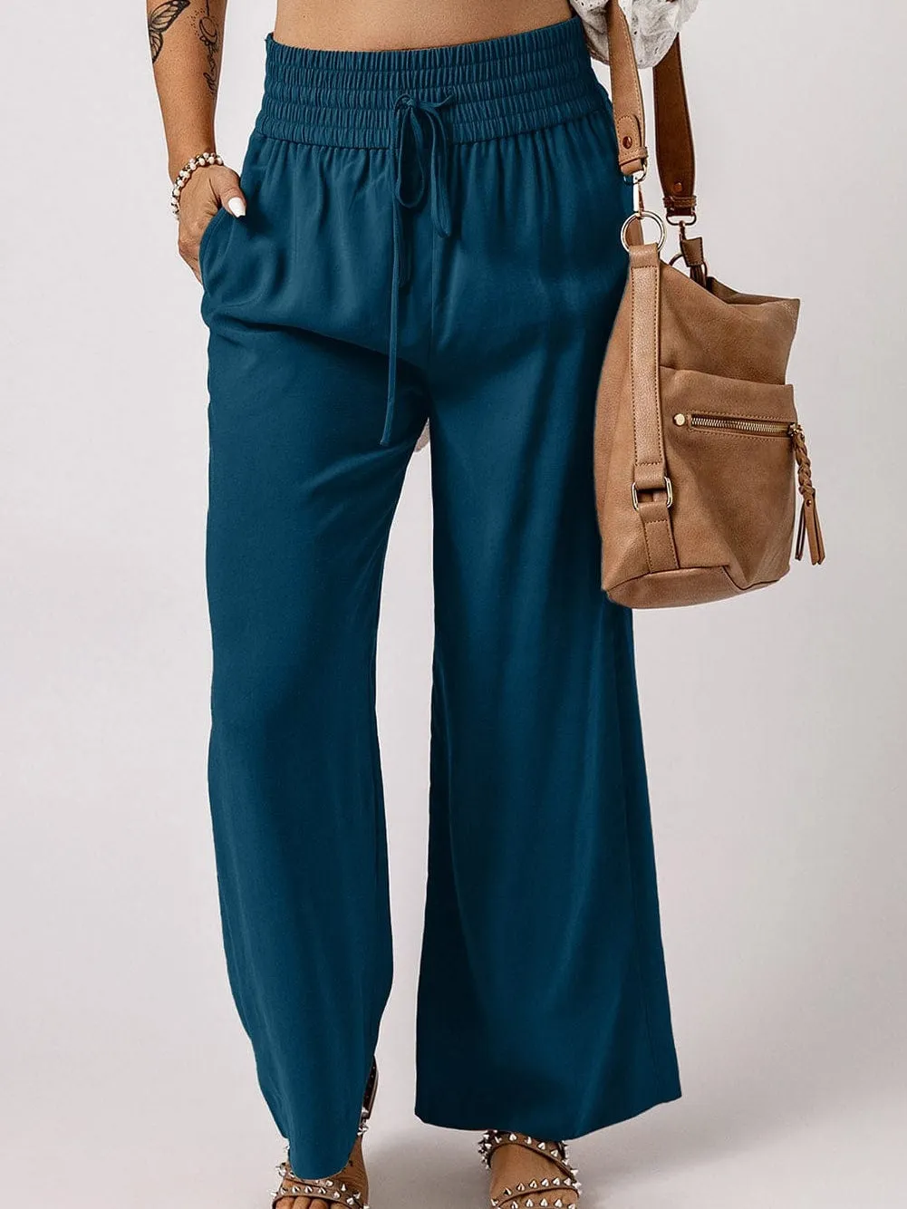 Blue Smocked High Waist Wide Leg Pants