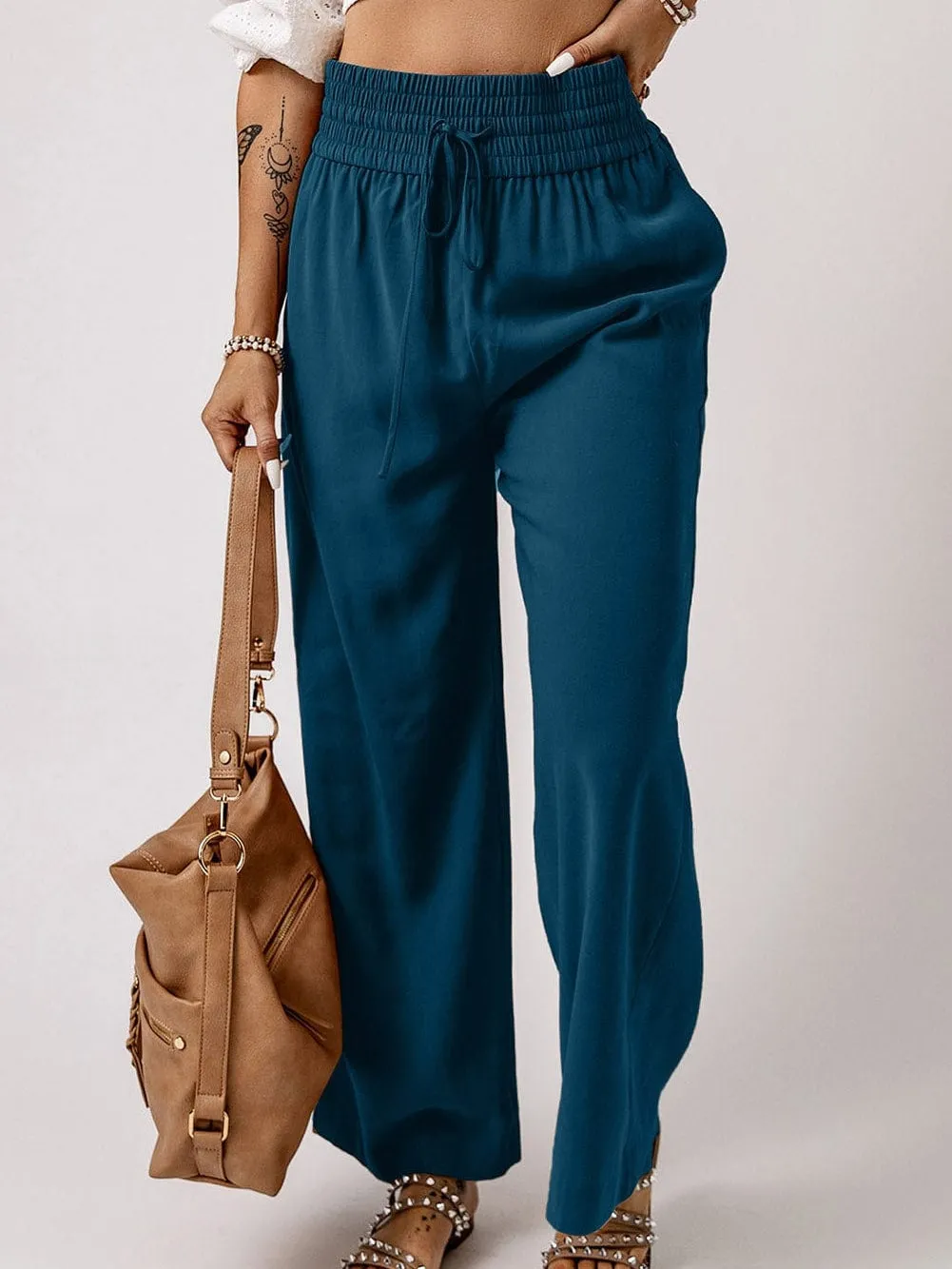 Blue Smocked High Waist Wide Leg Pants