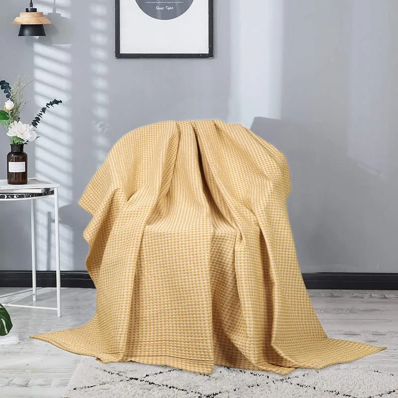 BSB HOME 100% Pure Cotton Thermal Blanket Breathable, Soft Waffle, Cozy & Skin Friendly All Season for Bed & Sofa Indoor andOutdoor Single Bed Blanket | Dohar (Colour-Yellow, 152 x 228 Cm)