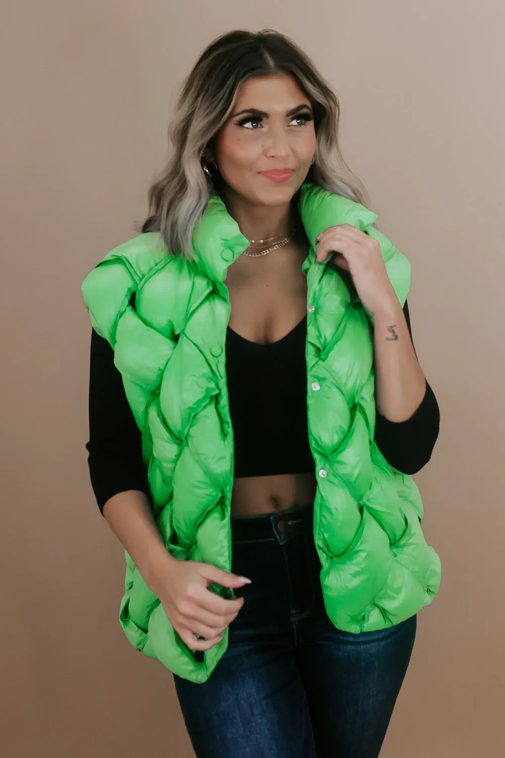 Button Woven Puffer Vest, Green