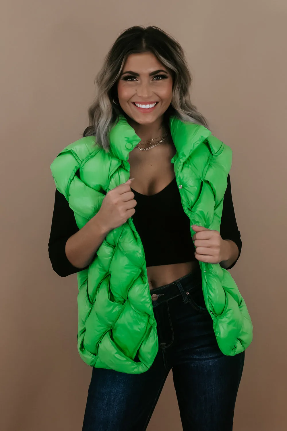 Button Woven Puffer Vest, Green