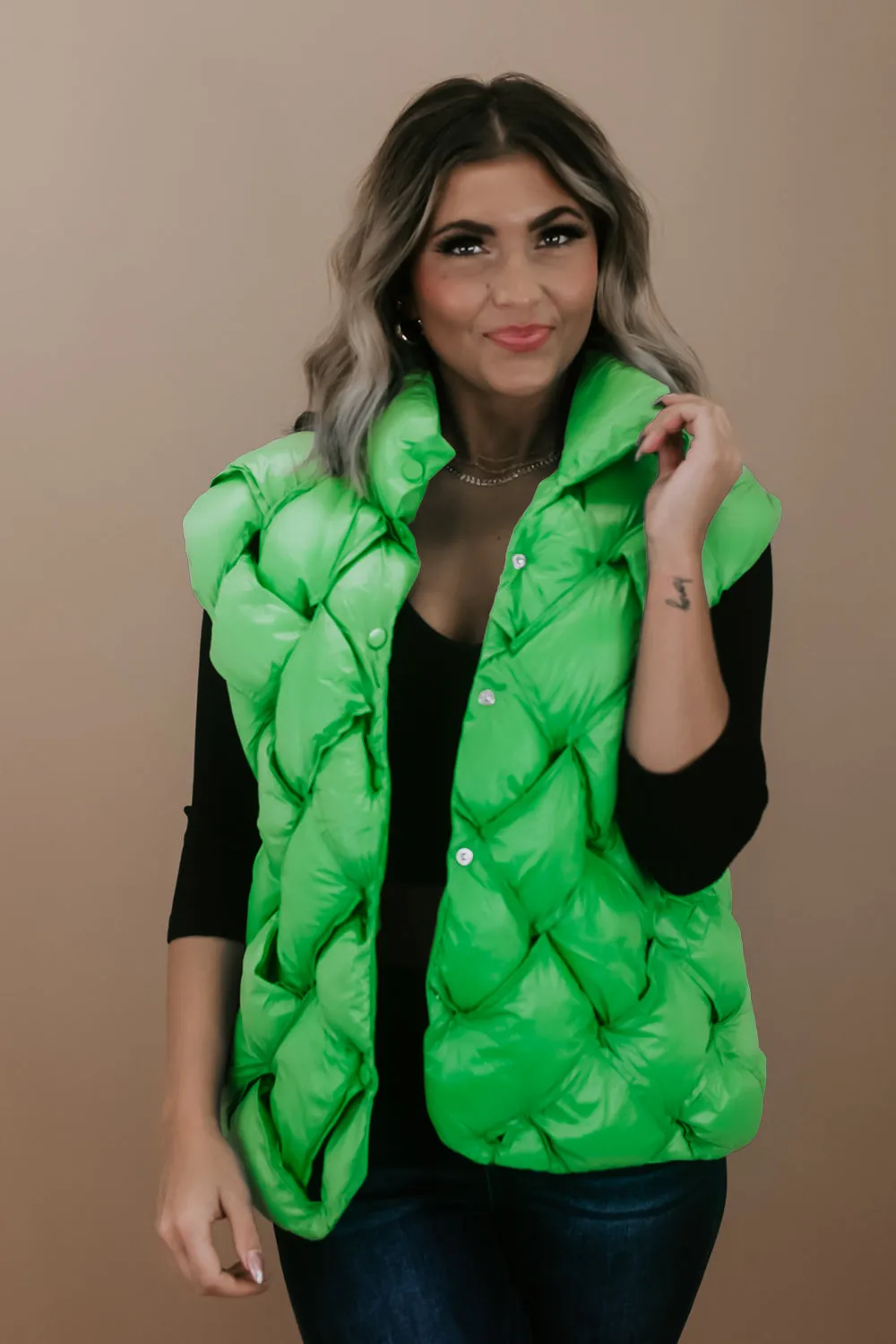 Button Woven Puffer Vest, Green