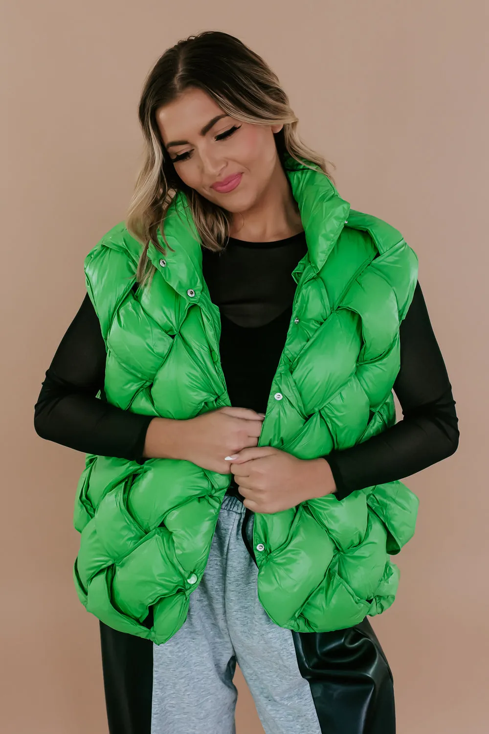 Button Woven Puffer Vest, Green