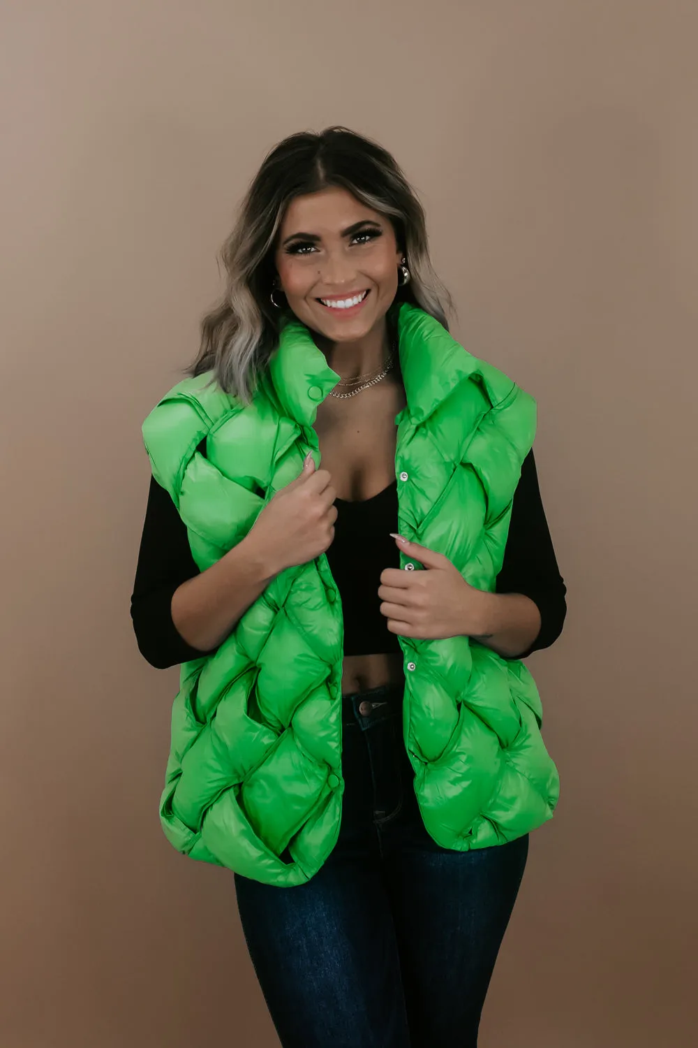 Button Woven Puffer Vest, Green