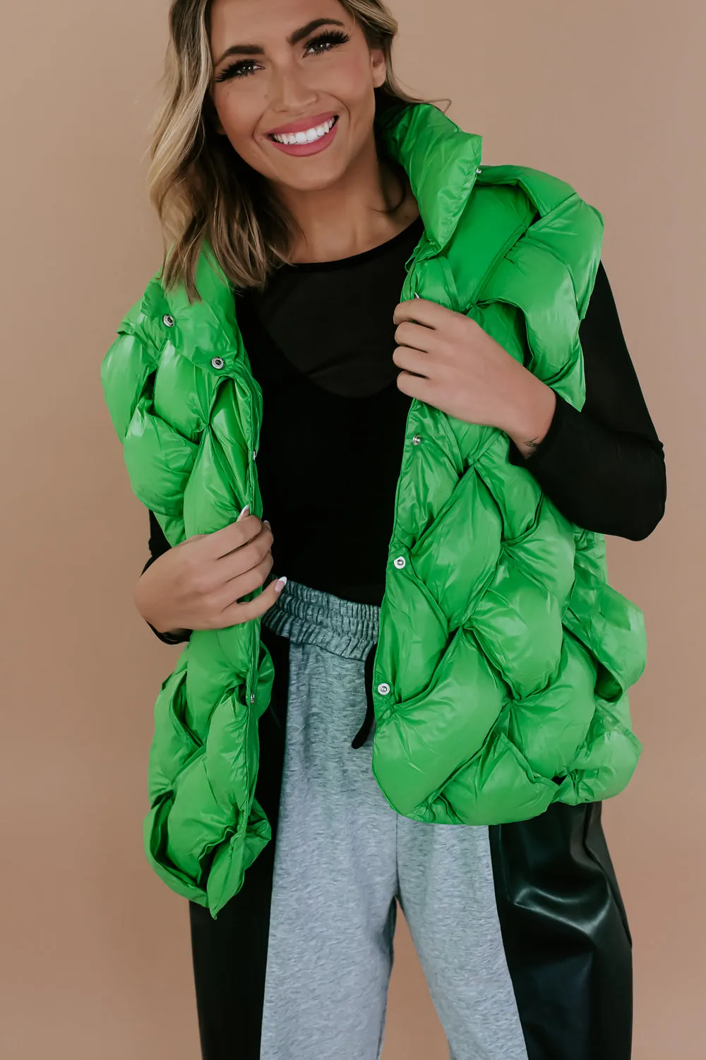 Button Woven Puffer Vest, Green