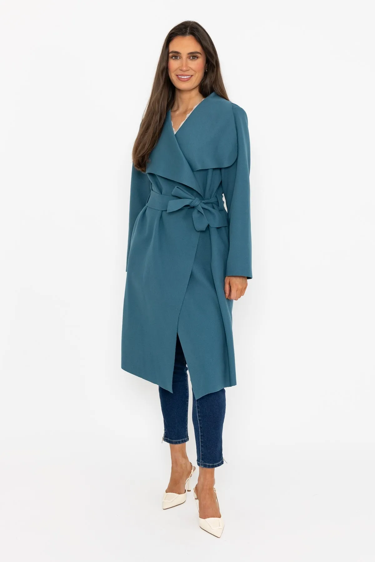 Chuck On Long Wrap Coat in Teal