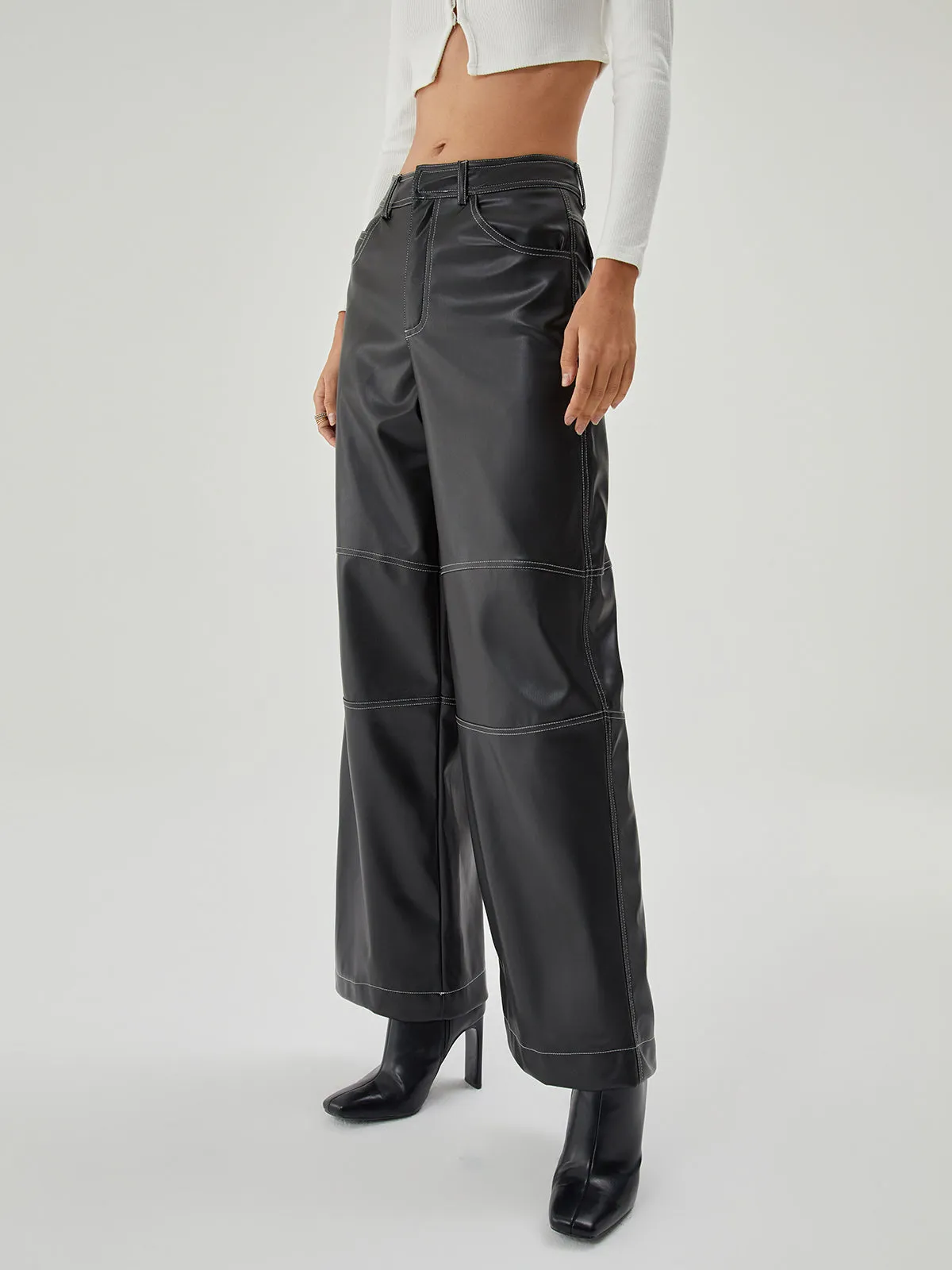 Contrast Stitch Leather Trendy Wide Leg Pants