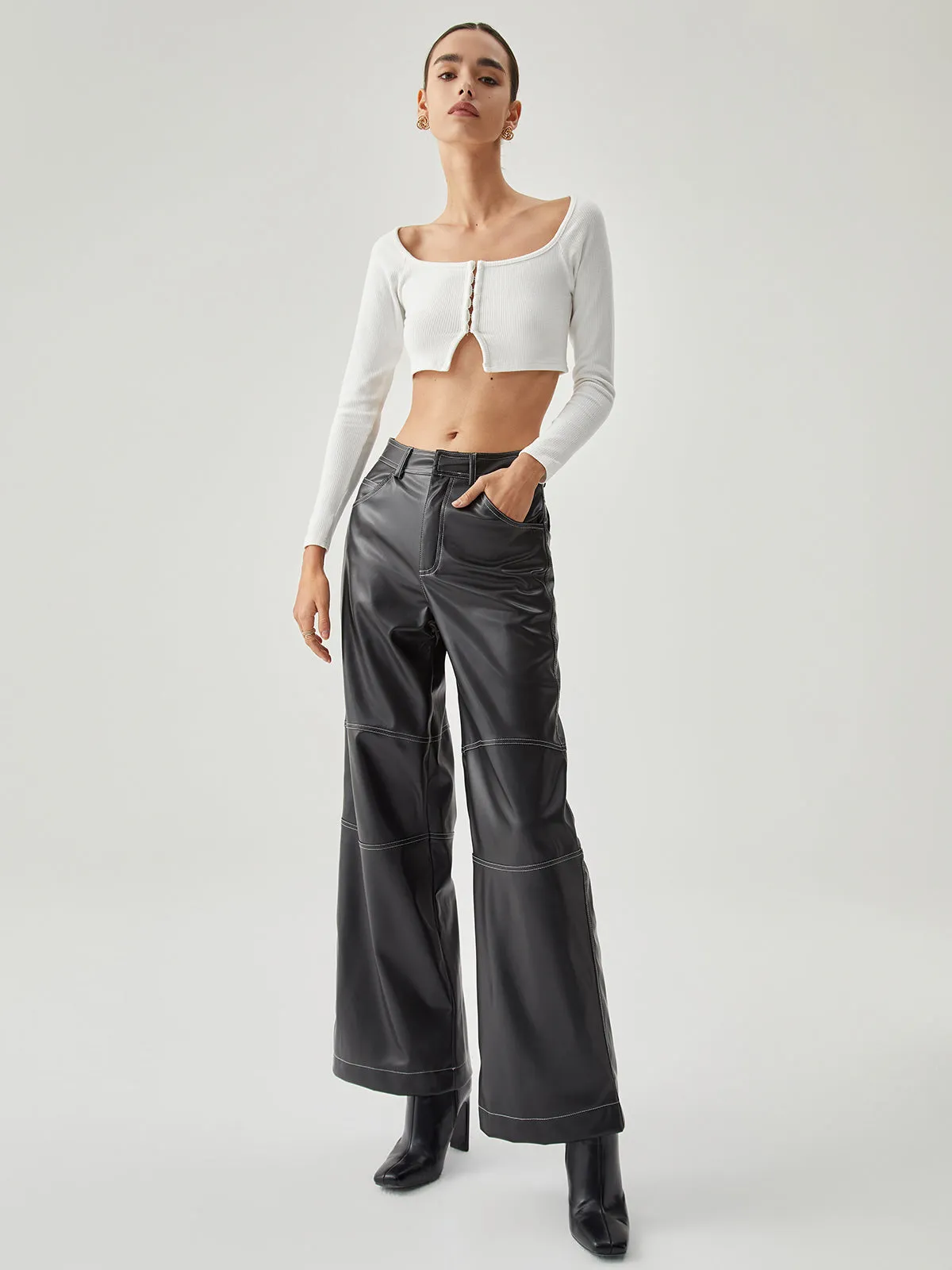 Contrast Stitch Leather Trendy Wide Leg Pants